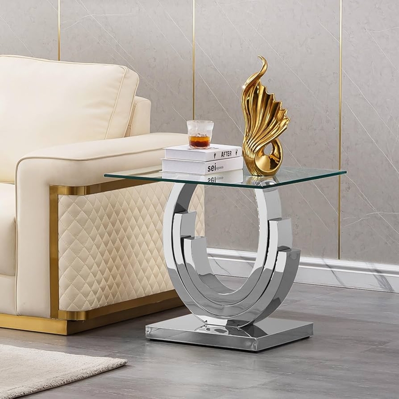 End Table Modern Square Glass Top Polished Silver X-Brace Base