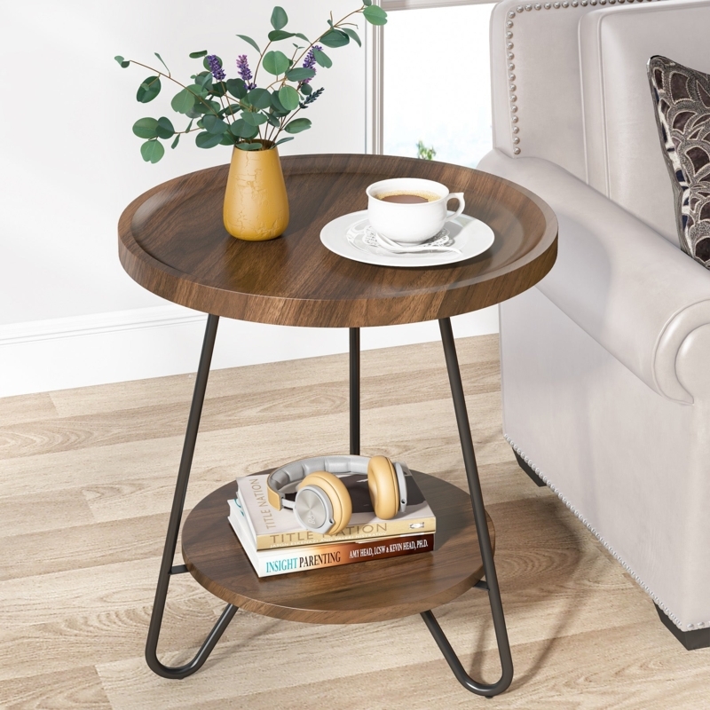 End Table Modern Two Tier Round Top with Open Shelving Tripod Legs