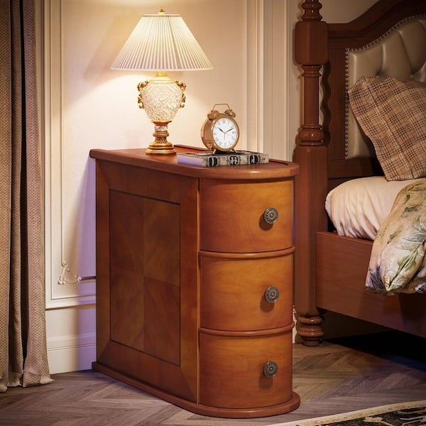 End Table Narrow Dark Walnut Three Drawers Storage Transitional