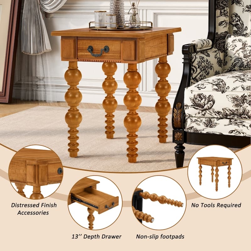 End Table Narrow Dark Wood Toned Drawer Shelf for Small Spaces