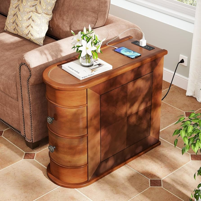 End Table, Narrow Design, Two Drawers, Open Shelf, Rustic Modern Wood