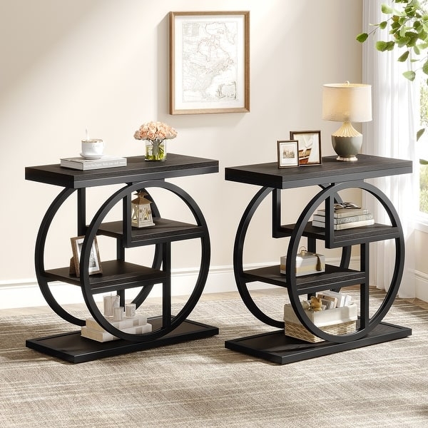 End Table Narrow Four-Tier Industrial Grey Wood Shelves Metal Frame