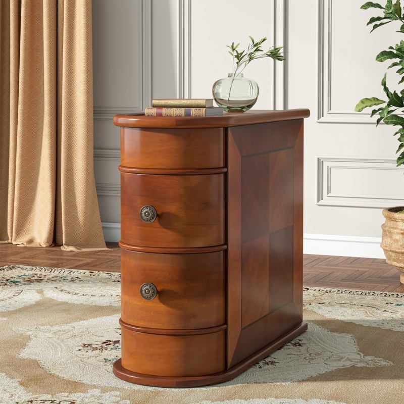 End Table Narrow Industrial Wood Toned Handleless Drawers Rustic