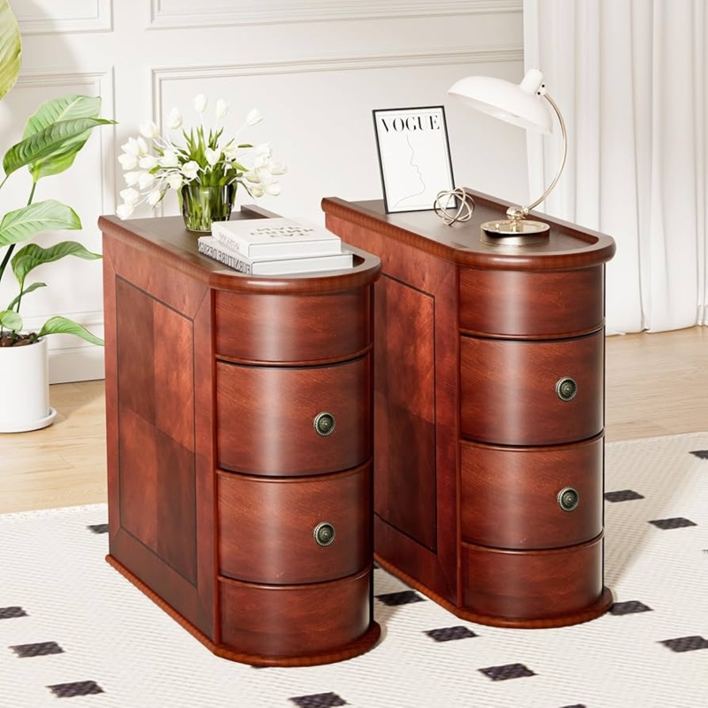 End Table Narrow Profile Dark Wood with Two Recessed Pull Drawers