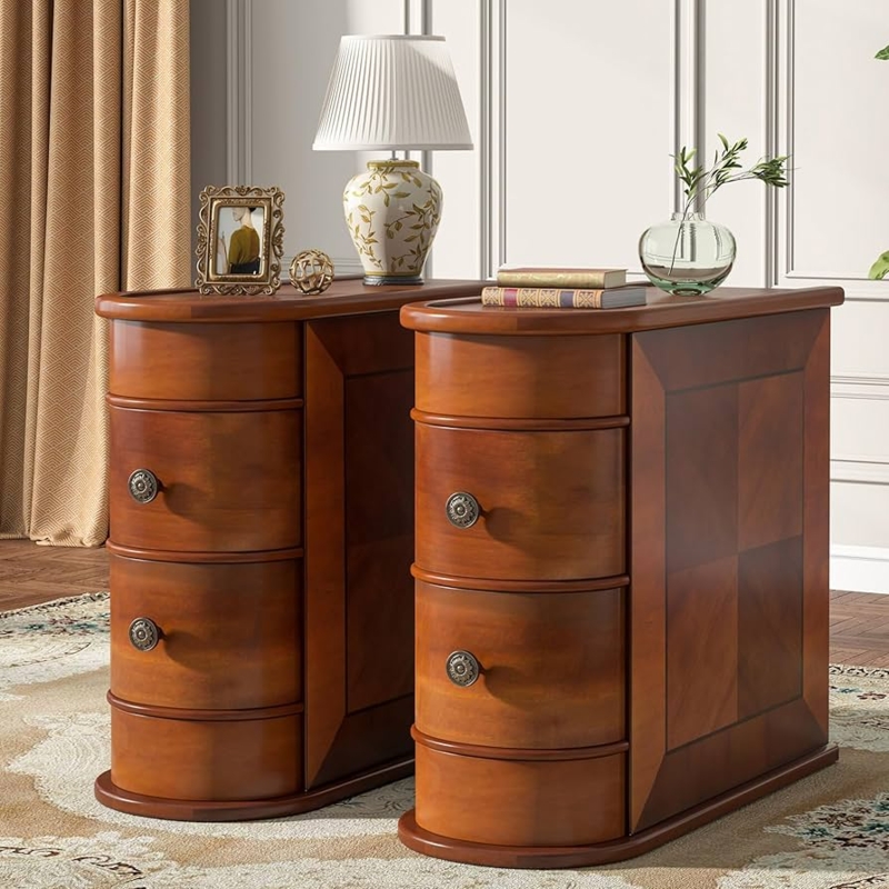 End Table, Narrow Profile, Gold Knobs, Solid Sides, Dark Brown Wood