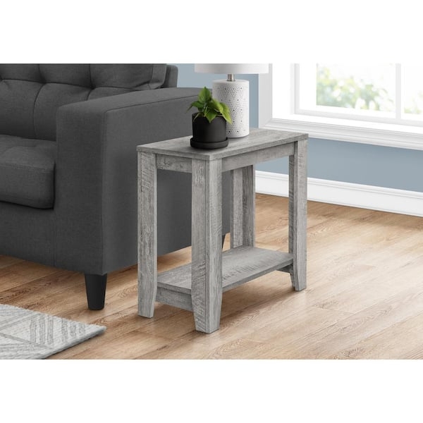 End Table Narrow Profile Light Gray Wood Grain Two Tier Storage