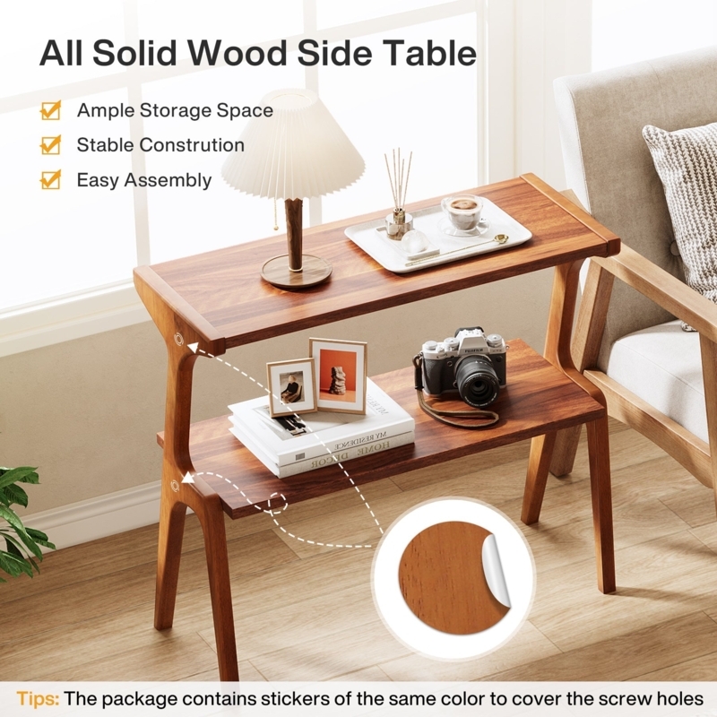 End Table Narrow Profile, Matte Black Two-Tier Minimalist Design.
