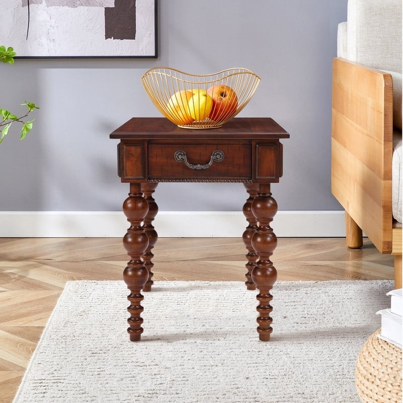 End Table Narrow Profile Natural Wood with Drawer and Shelf