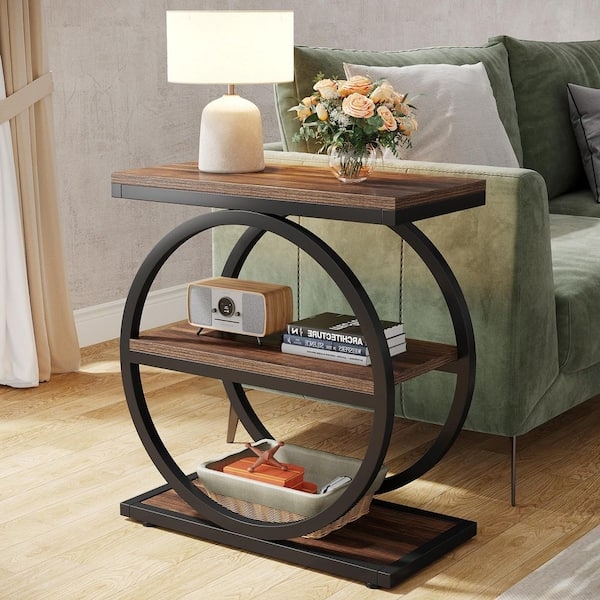 End Table Narrow Profile Three-Tier Industrial Slat Legs Dark Wood