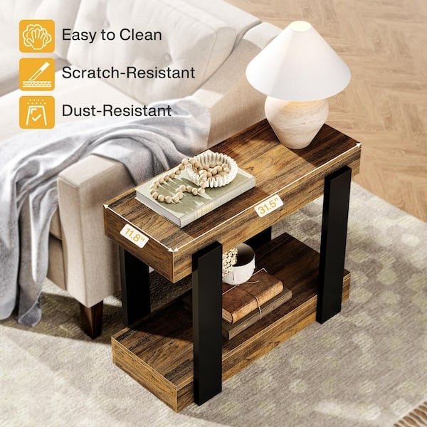 End Table Narrow Profile X-Brace Sides Two Tier, Farmhouse Style