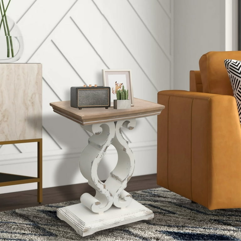 End Table Narrow Rectangular Two Tone Distressed White Carved Legs