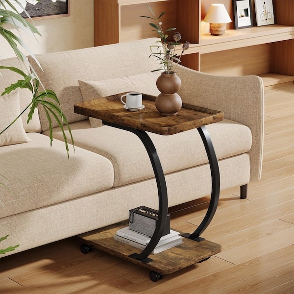 End Table Narrow Rustic Industrial Three Tier with Rolling Casters