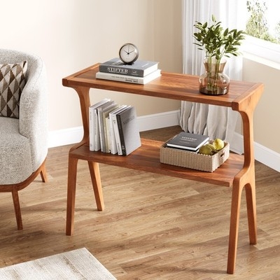 End Table Narrow Tall Three-Tier Shelf Design Wood Finish