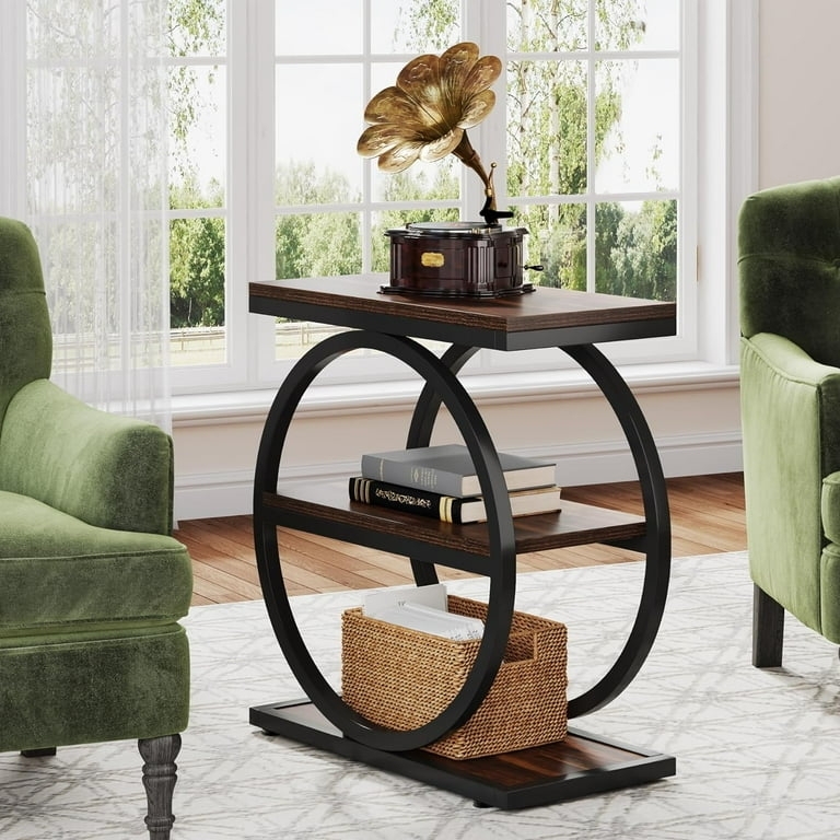 End Table Narrow Three-Tier Wood Shelves Metal Frame