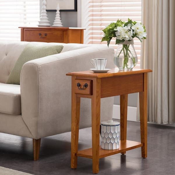End Table Narrow Width Oak Tapered Legs Slim Chairside Table With Storage