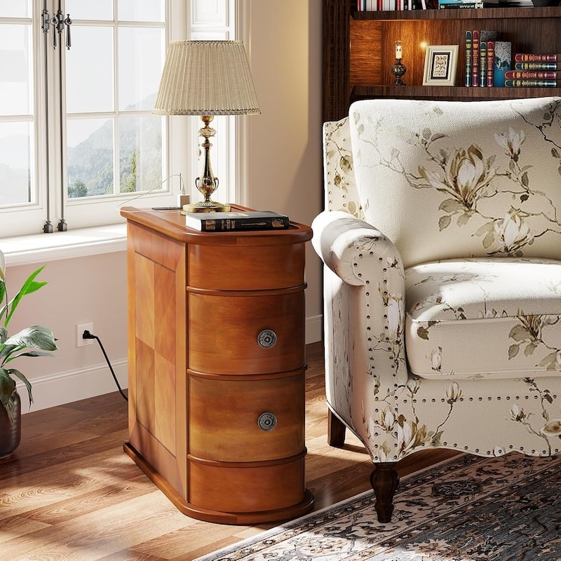 End Table Narrow Wood Chairside Tapered Legs Open Bottom Shelf Two Drawers