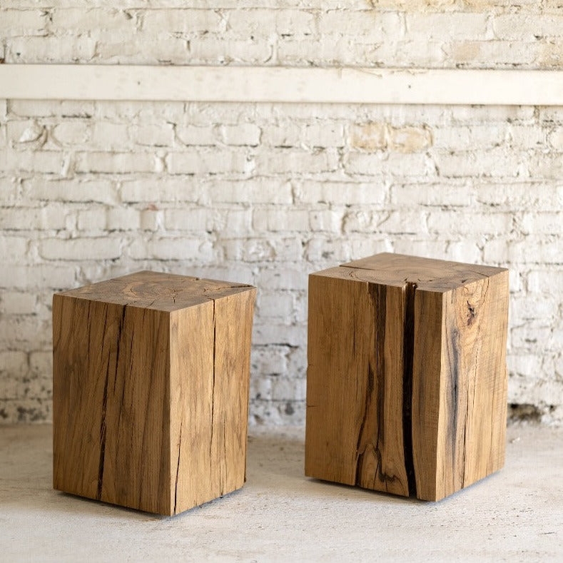 End Table Natural Timber Checking Solid Block Form Reclaimed Style