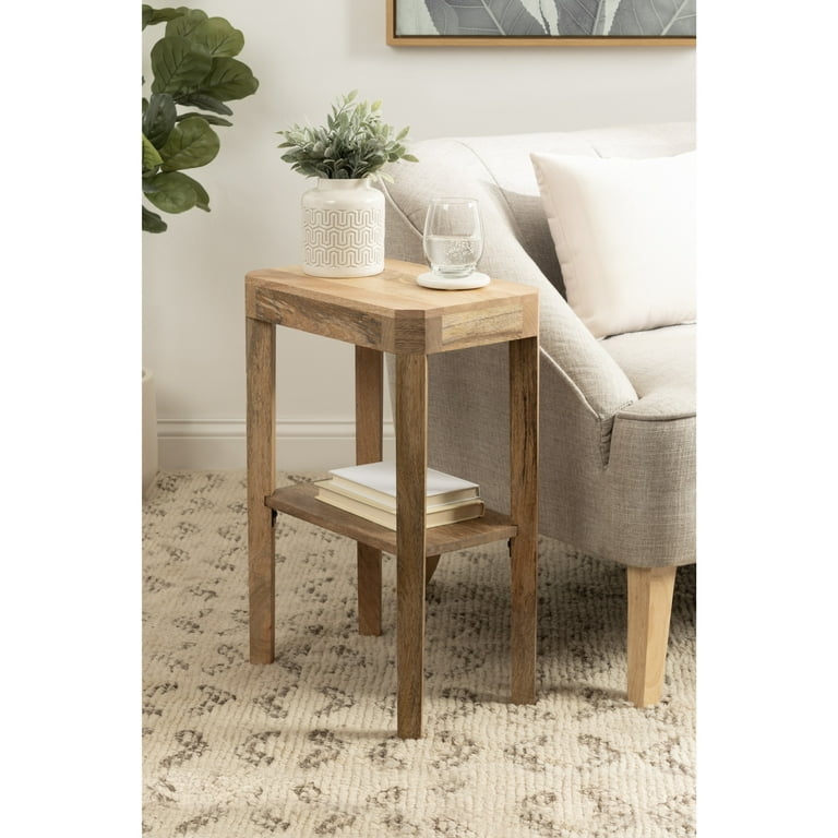 End Table Natural Wood Finish, Narrow Natural Wood Side Table 2-Tier