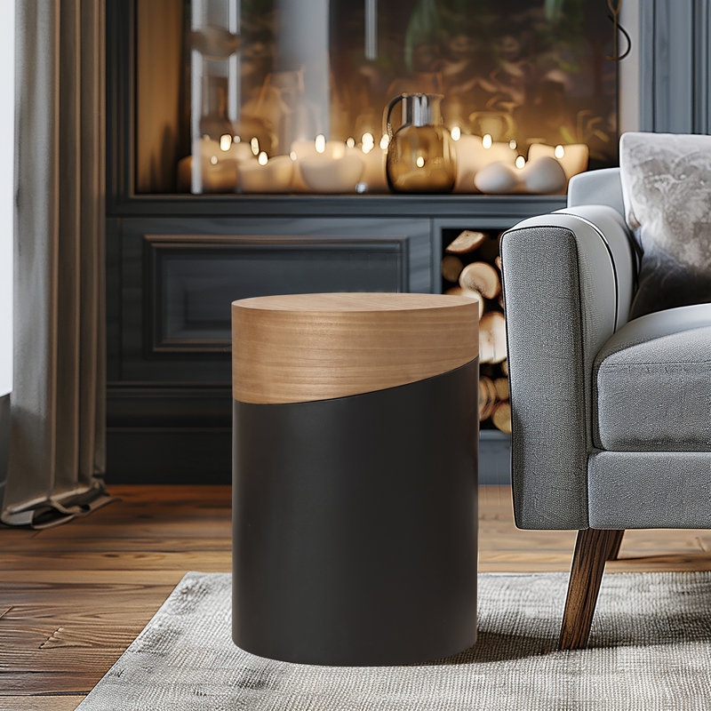 End Table Natural Wood Top Metal Slats Open Frame Metal Accent Table