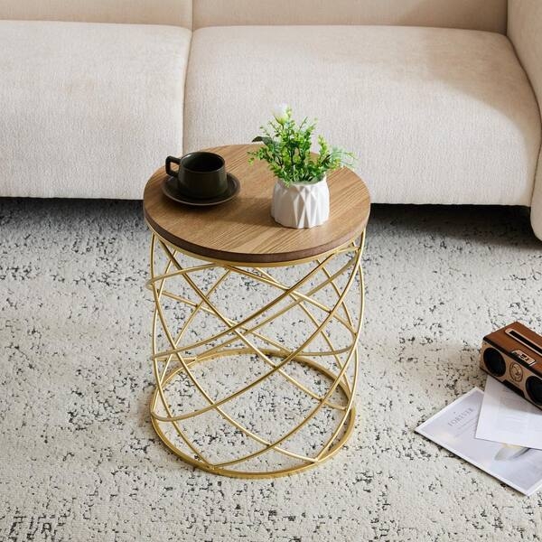 End Table Natural Wood Top On Gold Metal Circular Base
