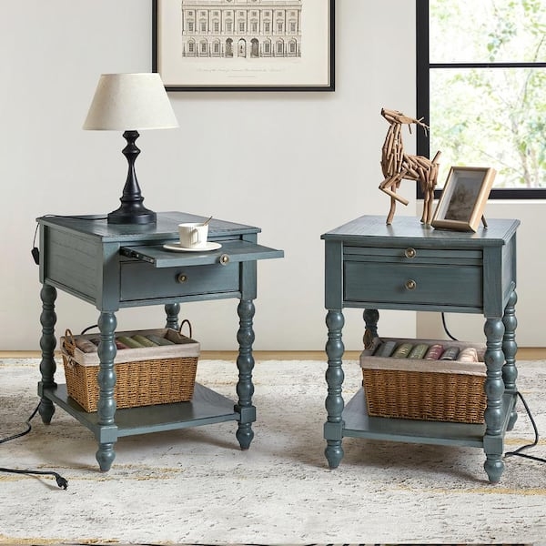 End Table Navy Blue Traditional End Tables USB Port Turned Legs Satin