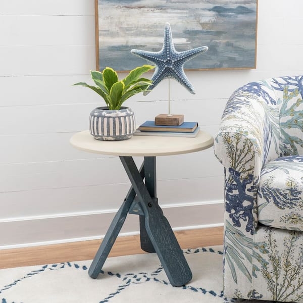 End Table Oar Shaped Legs Coastal Blue Top, Nautical Theme End Table