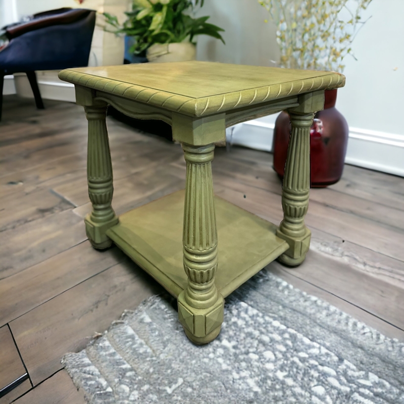 End Table Olive Green Round Tray Top Rim Tripod Base Wood