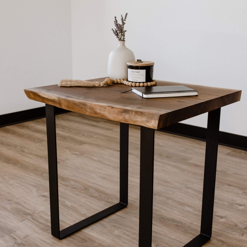 End Table Organic Modern Walnut Live Edge Slab Black Metal Hairpin Legs