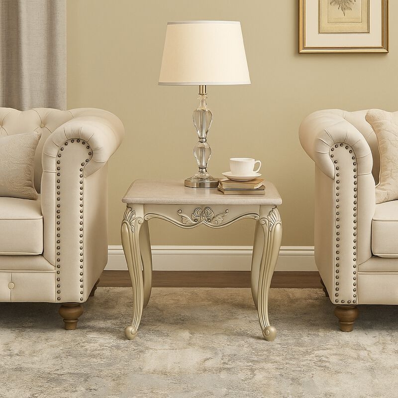 End Table, Ornate Carved Pedestal Base, Round Marble-Like Top, Champagne