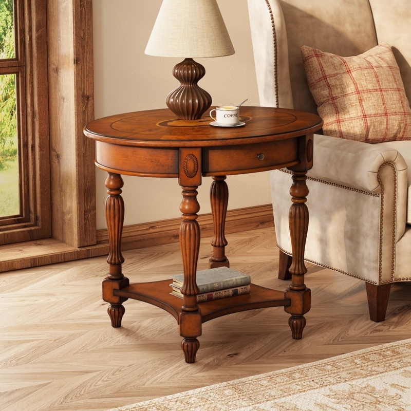 End Table Oval Silhouette Carved Cabriole Legs Storage Drawer