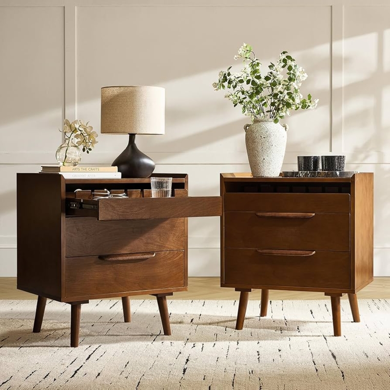 End Table Pair with Charging Station and Pull-Out Shelf Walnut Finish