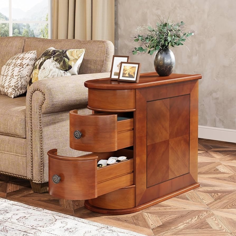 End Table Pedestal Base Bedside Table Vintage Rustic Warm Brown Wood Slim