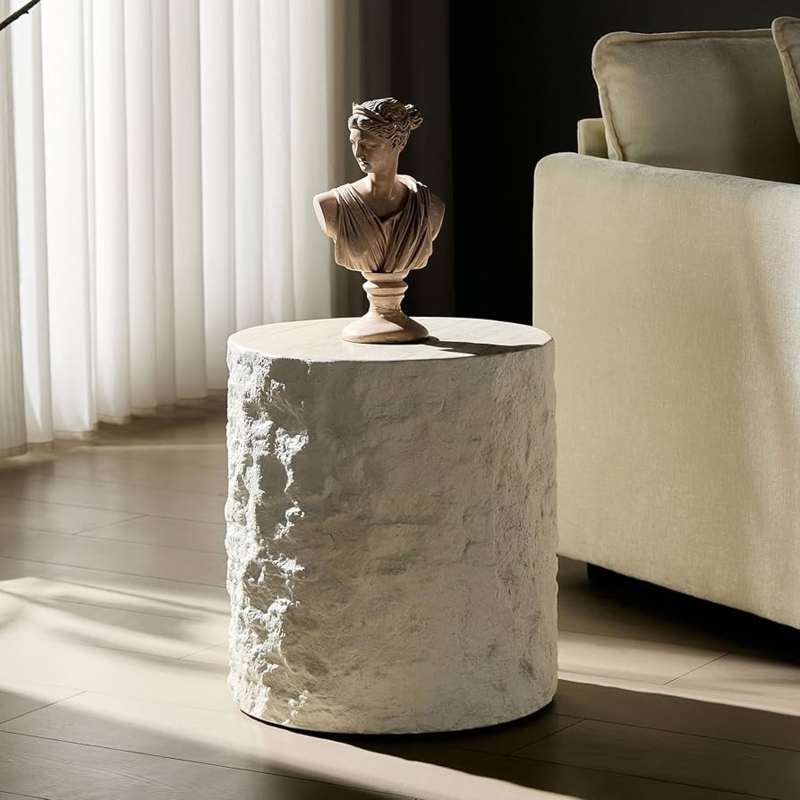 End Table Pedestal Base Beige Stone Pattern Japandi Style Living Room