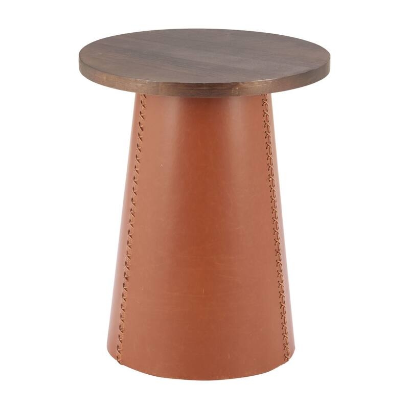 End Table Pedestal Base Dark Brown Wood Stitched Apron Round