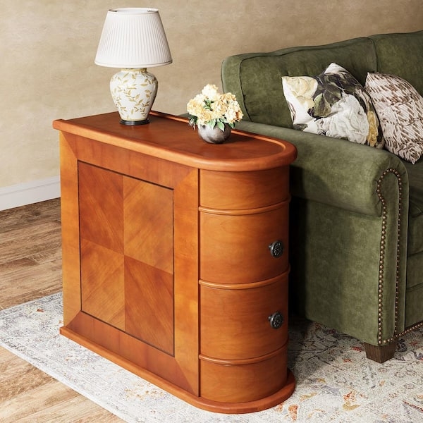 End Table, Plinth Base, Black Bar Pulls, Narrow Profile, Brown Wood