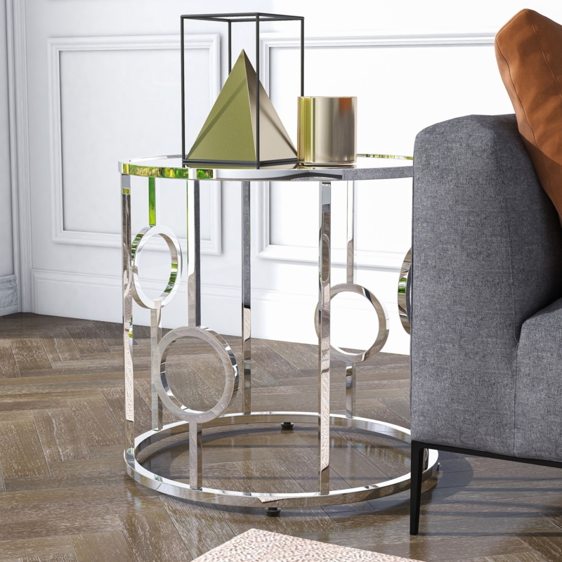 End Table Polished Chrome Hoop Base with Mirrored Circular Top
