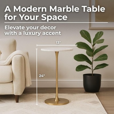 End Table Polished Gold Base White Stone Top Modern Glam