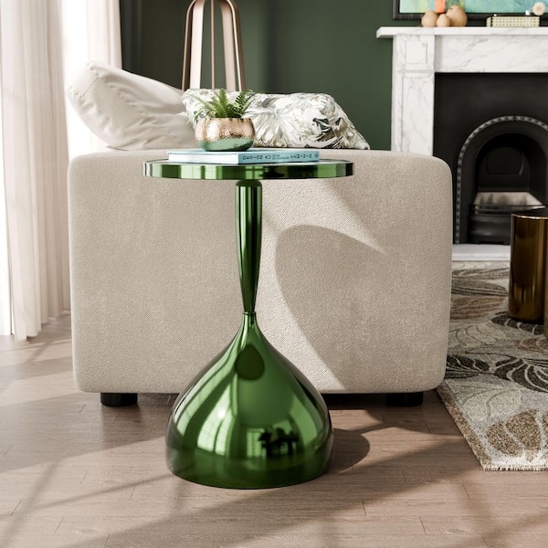 End Table Polished Green Pedestal Faux Marble Top Glam Style