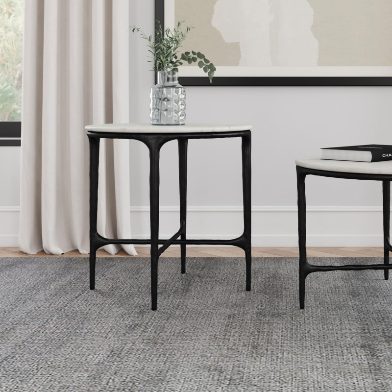 End Table Polished X Base Silver Metal Modern Marble Top End Table