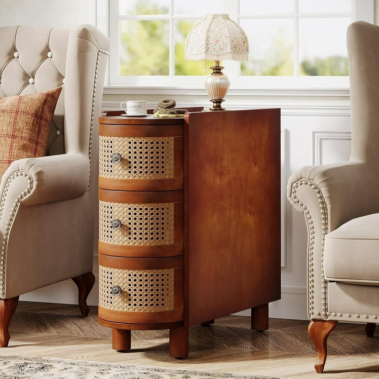 End Table, Rattan Drawer Fronts, Two Tone Wood, Embossed Handles, Boho