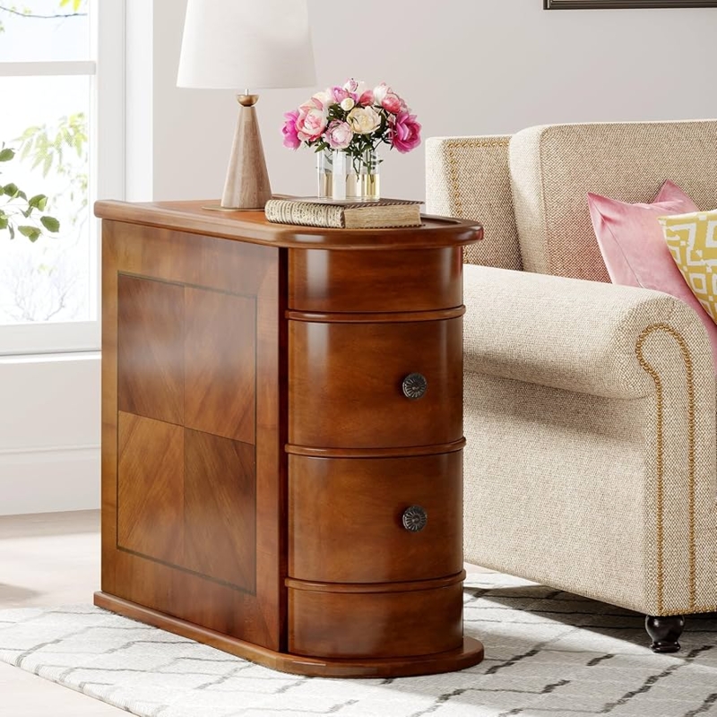 End Table, Recessed Pulls, Slim Legs, Narrow Profile, Dark Wood Toned