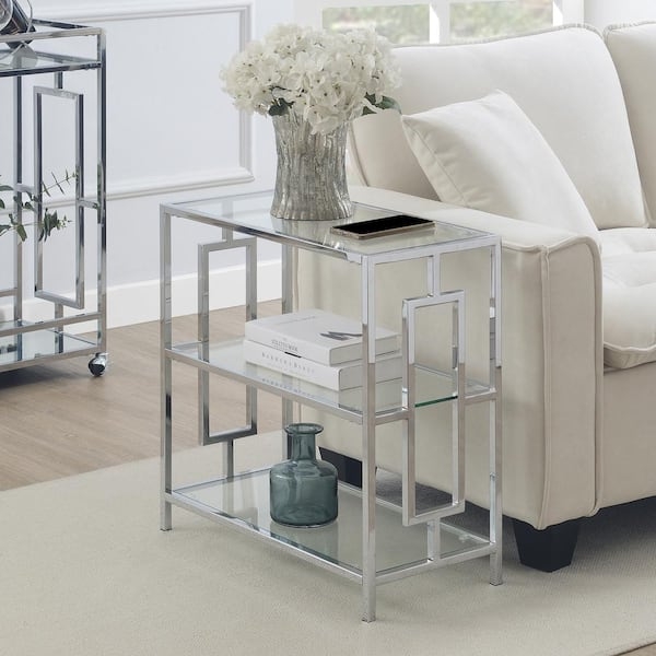 End Table Rectangular 3-Tier Glass Chrome X-Side Panels Slim