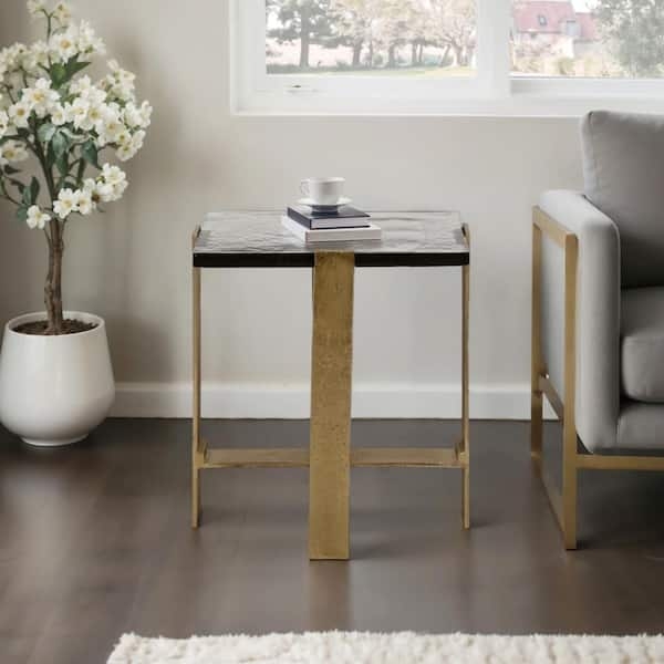 End Table Rectangular Glass Top Gold Metal Open Frame Modern Glam
