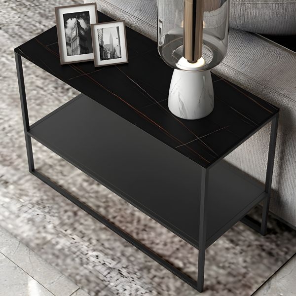End Table Rectangular Slate Top Black Metal Sled Base
