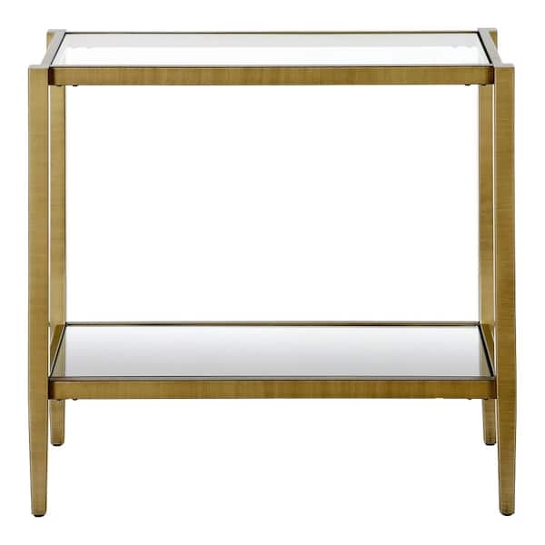 End Table Rectangular Top Two Tier Glass Antique Brass Frame