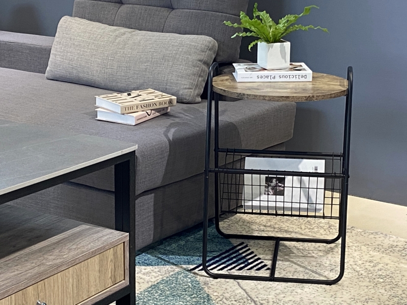 End Table Rectangular Tray Top Black Metal Sled Base