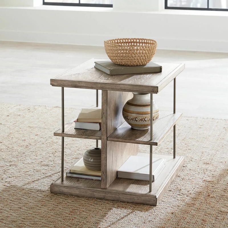 End Table, Rectangular Wood Top, Dark Metal Frame & X-Brace Side Detail