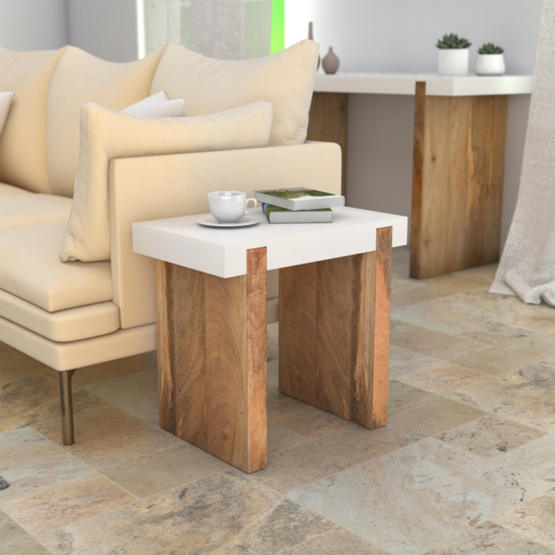 End Table Rectangular Wood Top White Sled Base Glossy