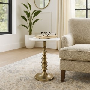 End Table Ribbed Gold Pedestal Base with Round Marble-Veined Top