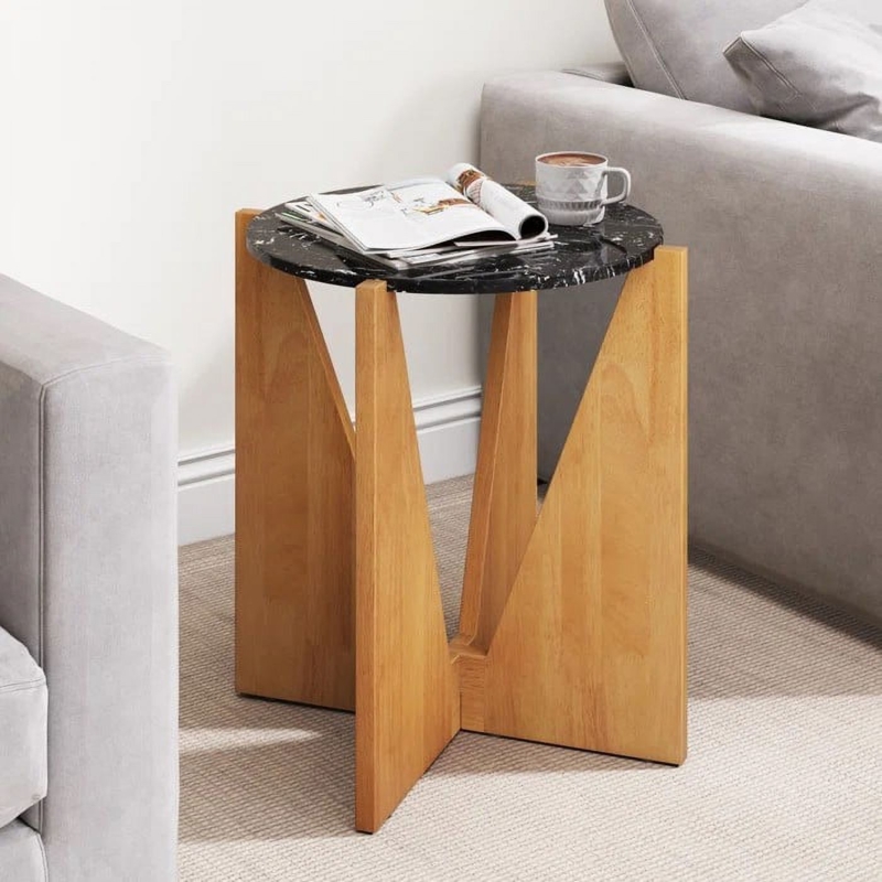 End Table Ribbed Legs Matte Black Rectangular Stone Top Accent Table